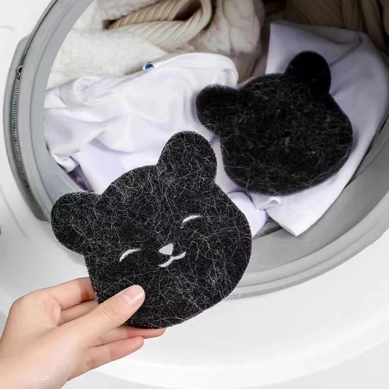 Pet Corner reusable pet hair remover in laundry, showing flexible design for washing machine and dryer use, with pet hair removal features